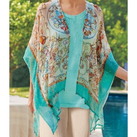 Soft Surroundings Sheer Open Front Flowy Jacket/Tunic:Cover Up Beaded Hem Sz S/M - Picture 13 of 15